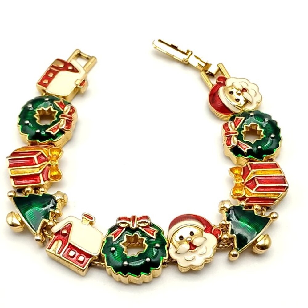 Festive Christmas Enamel Charm Bracelet Gold-tone